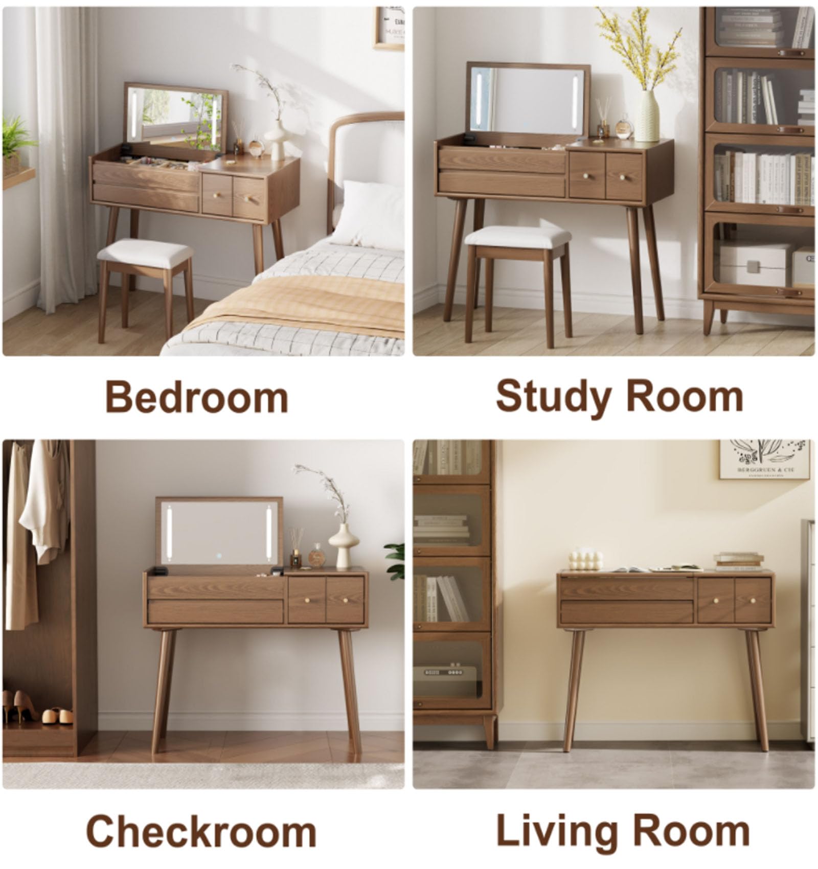 KungFuWood Makeup Vanity Desk with 3 Lighting Modes, Solid Wood Vanity Desk with Mirror Dressing Table Set 4 Drawers,Space-Saving Vanity for bedrooms(walunt)