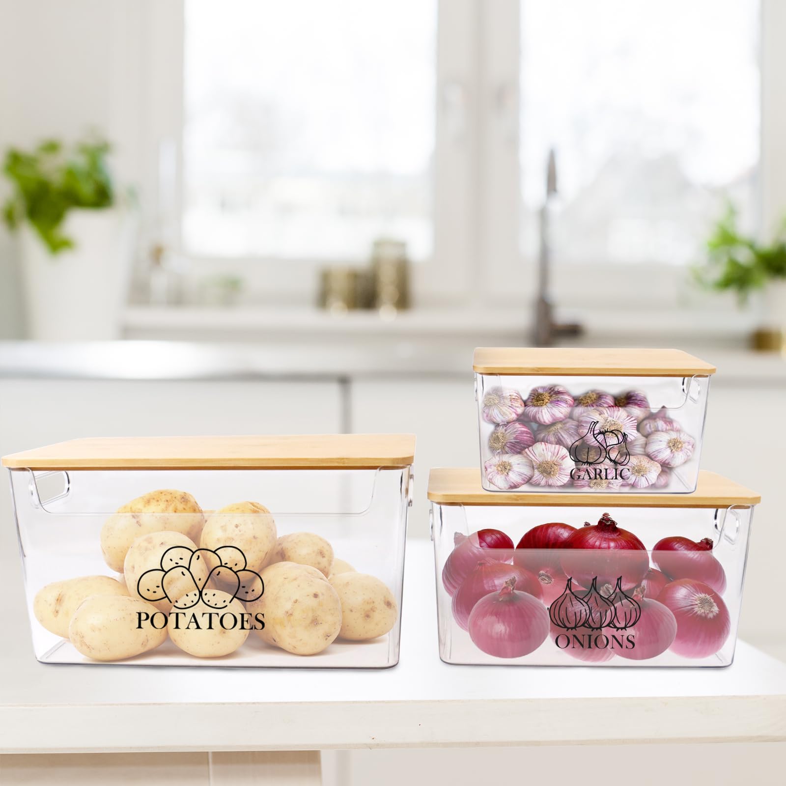Cajas Patatas Cebollas 3 Piezas Acrílico, Tapa Madera Apilables