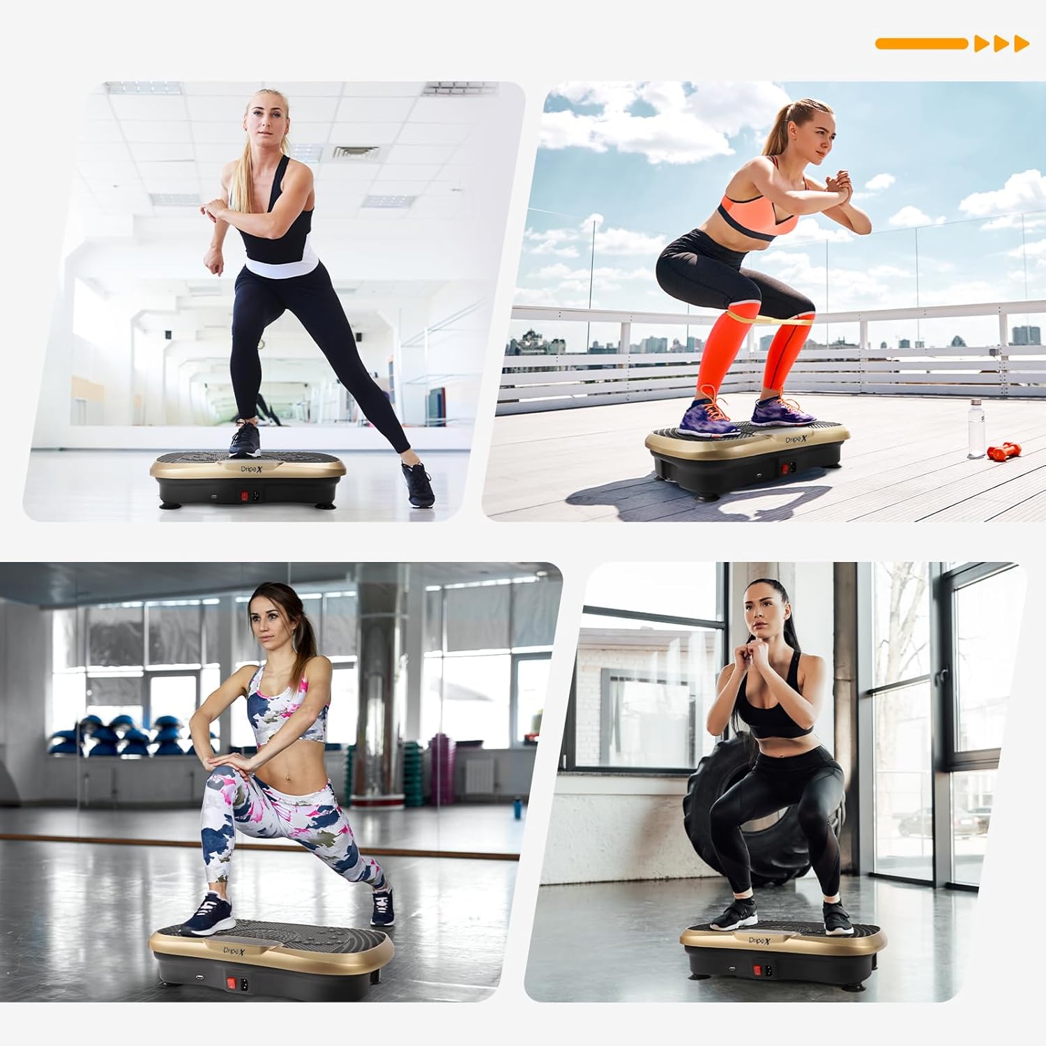 Man performing a plank exercise on the Dripex Vibration Platform, with text indicating benefits for muscle toning, strengthening, and tension relief.