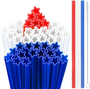 JANYUN 30 Pieces Patriotic Plastic Straws, Red White Blue Star Straws