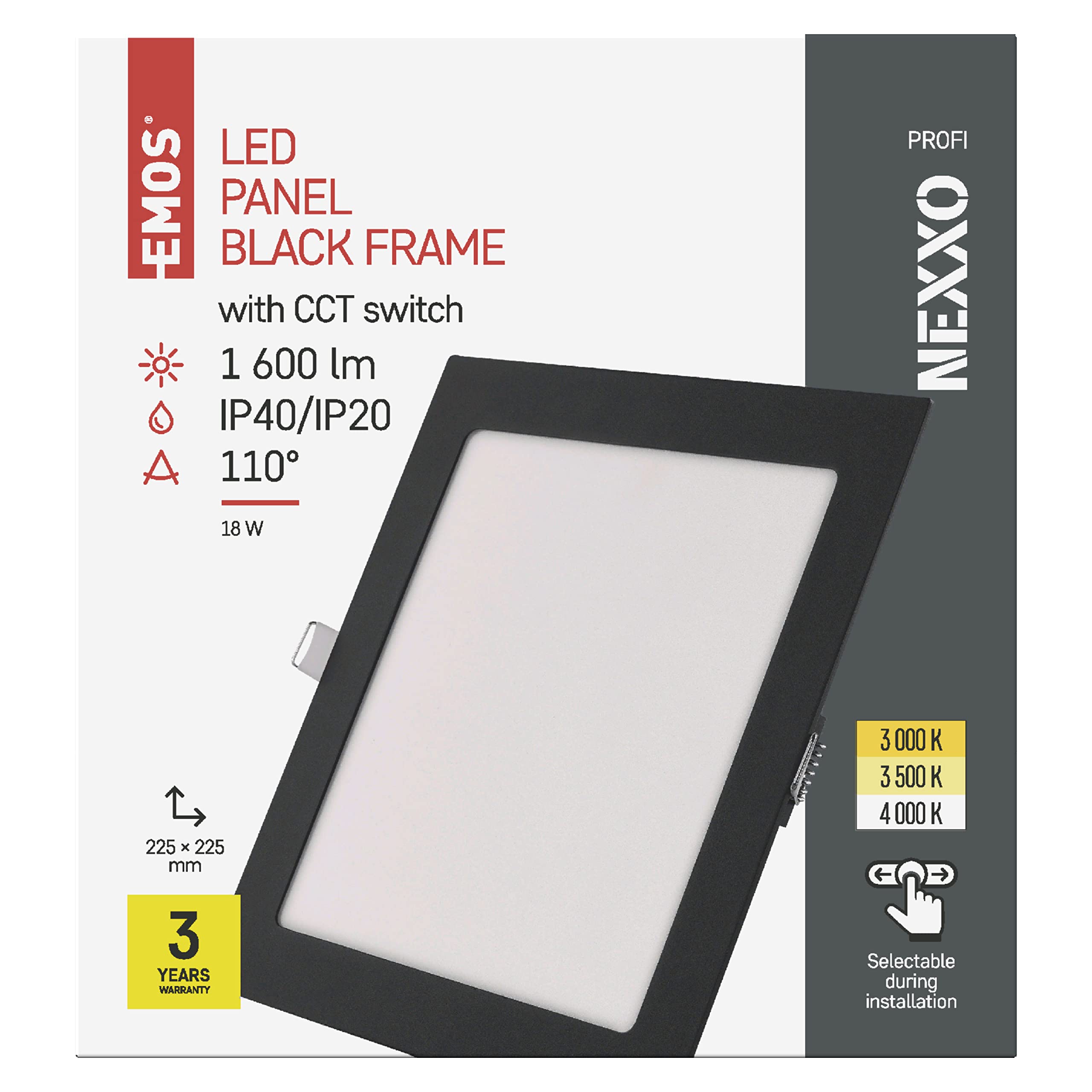 EMOS Panel LED de 18 W, cuadrado, 1600 lm, lámpara de techo, 22,5 x 22,5 cm, profundidad de montaje extraplana, 2,1 cm, 3 colores de luz ajustables blanco cálido neutro (30004000 K), incluye