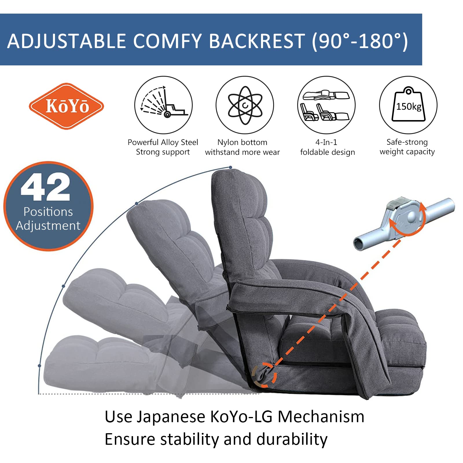 Silla Suelo Ajustable en 42 Posiciones, Sofa Suelo 4-en-1 Plegable, Silla de Piso con Respaldo para Dormir Solo, Silla de Suelo Plegable (Grey) 8803