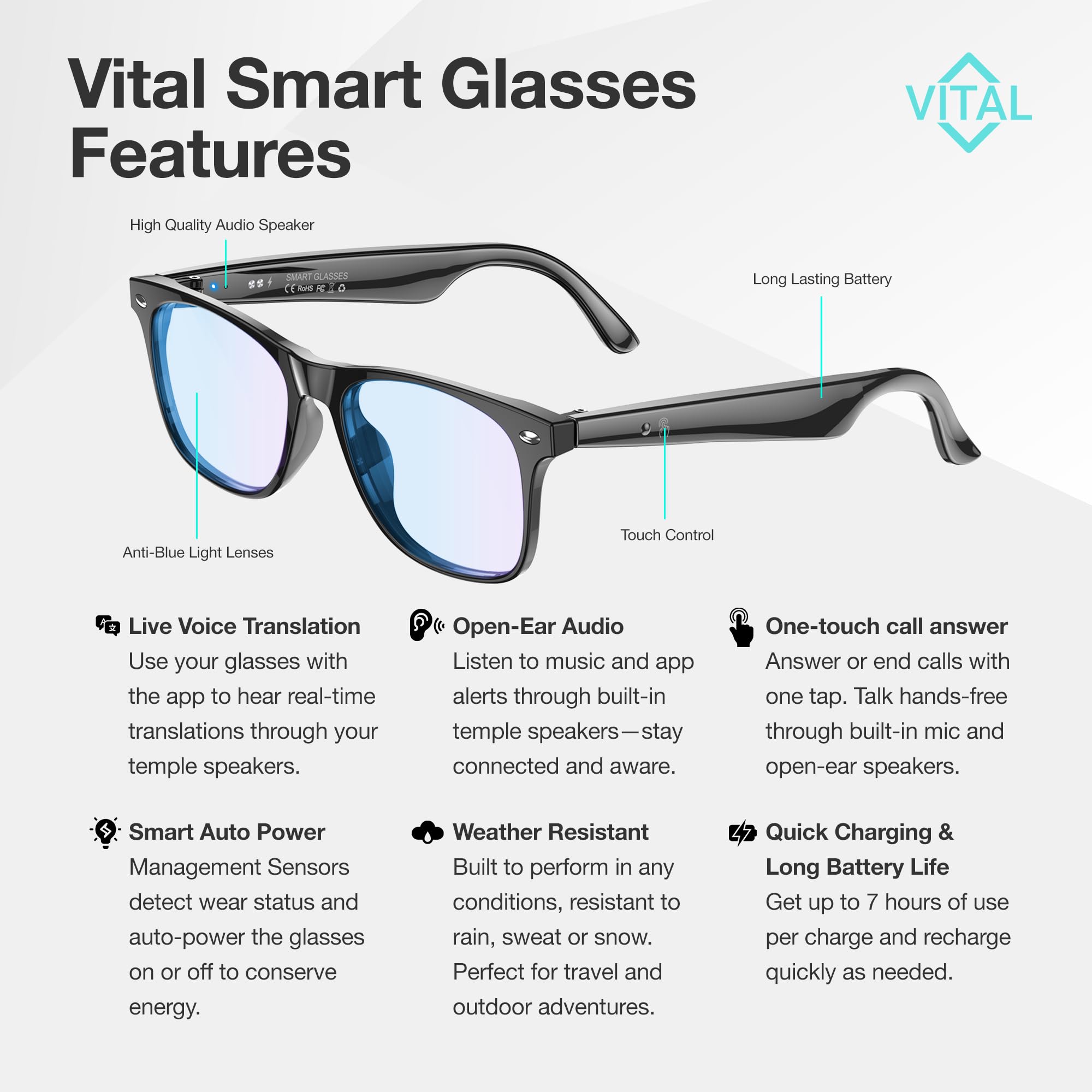 Vital - Gafas inteligentes para hombre, traducción de IA, audio Bluetooth 5.3 de oído abierto, traductor de 130 idiomas, gafas inteligentes vitales para mujeres, UV400, bloqueador de luz azul, gafas