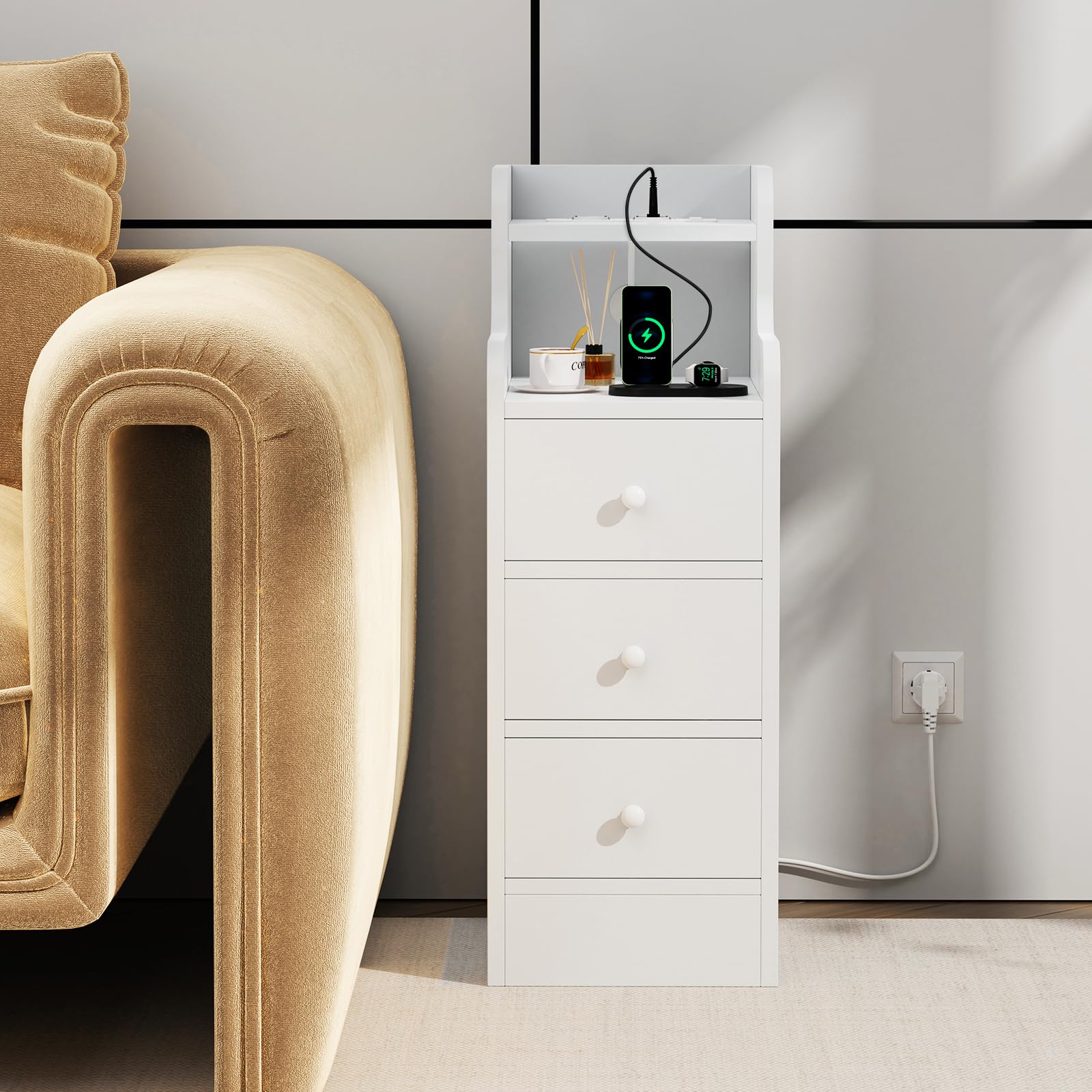 IMYOGI Comodino Stretto In Legno Massello Con Cassetto – 25 Cm Di Larghezza, Rivestito In Pelle Microfibra, Colore Blu Grigiastro/Beige - 2