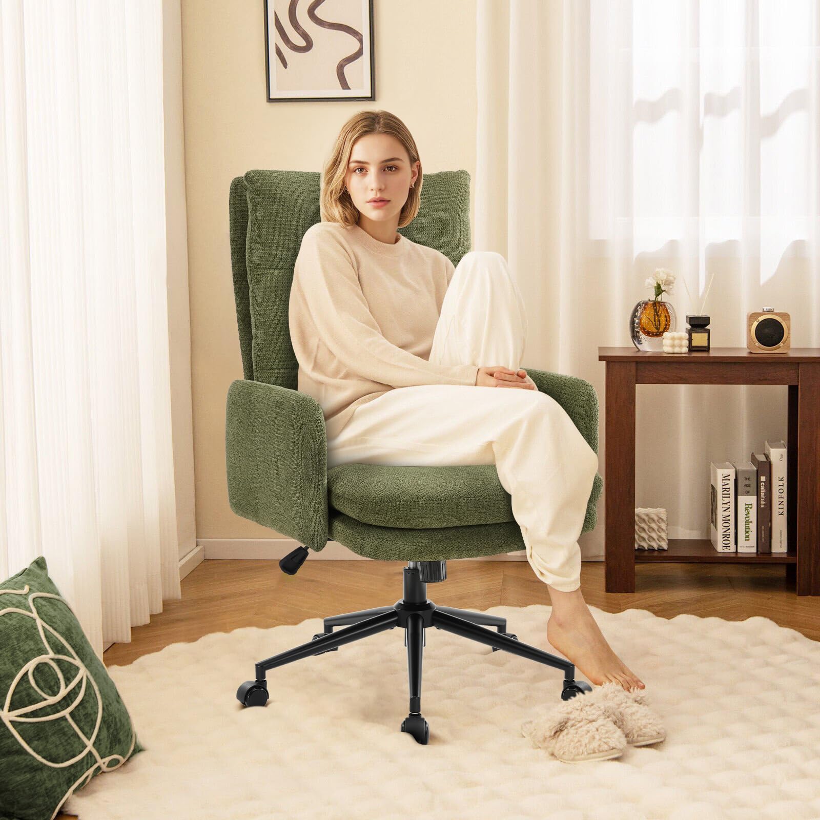 IWMH Schreibtischstuhl mit Hoher Rückenlehne,Bürostuhl Ergonomisch aus Kaschmir, Schminktisch Stuhl mit Armlehne, Drehstuhl Höhenverstellbarer Buero Wohnzimmer (Grün)