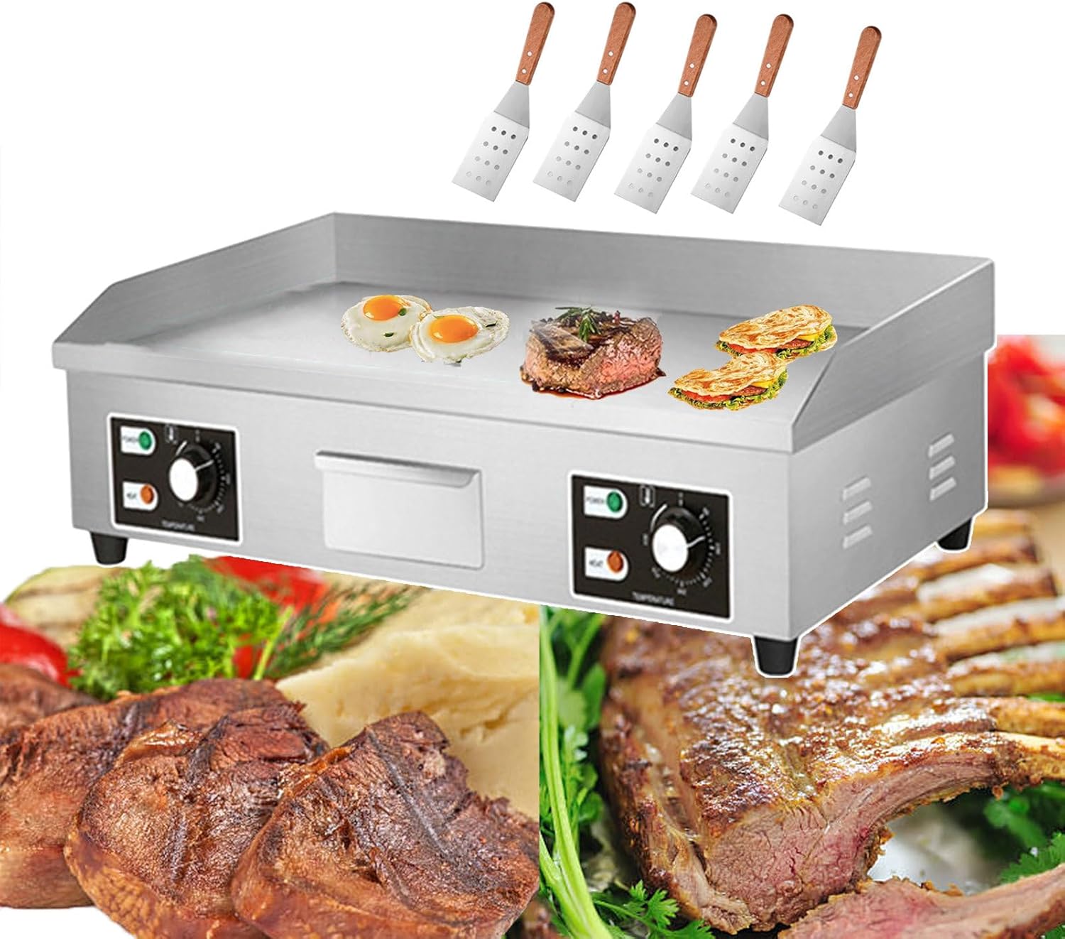 Commercial Electric Griddle for Grilling Bacon Steak Pancakes, Stainless Steel Electric Flat Top Grill with 5 Frying Spatula, Burger Bacon Grill Plate and Warme，3500W