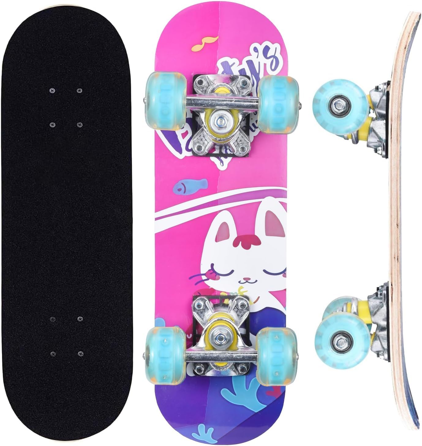 ERNAN Complete Skateboard, 17 Inch Double Kick Skateboard, Wheels Light Up When Moving, Assorted Designs and Colours with Skate T-Tool (red)