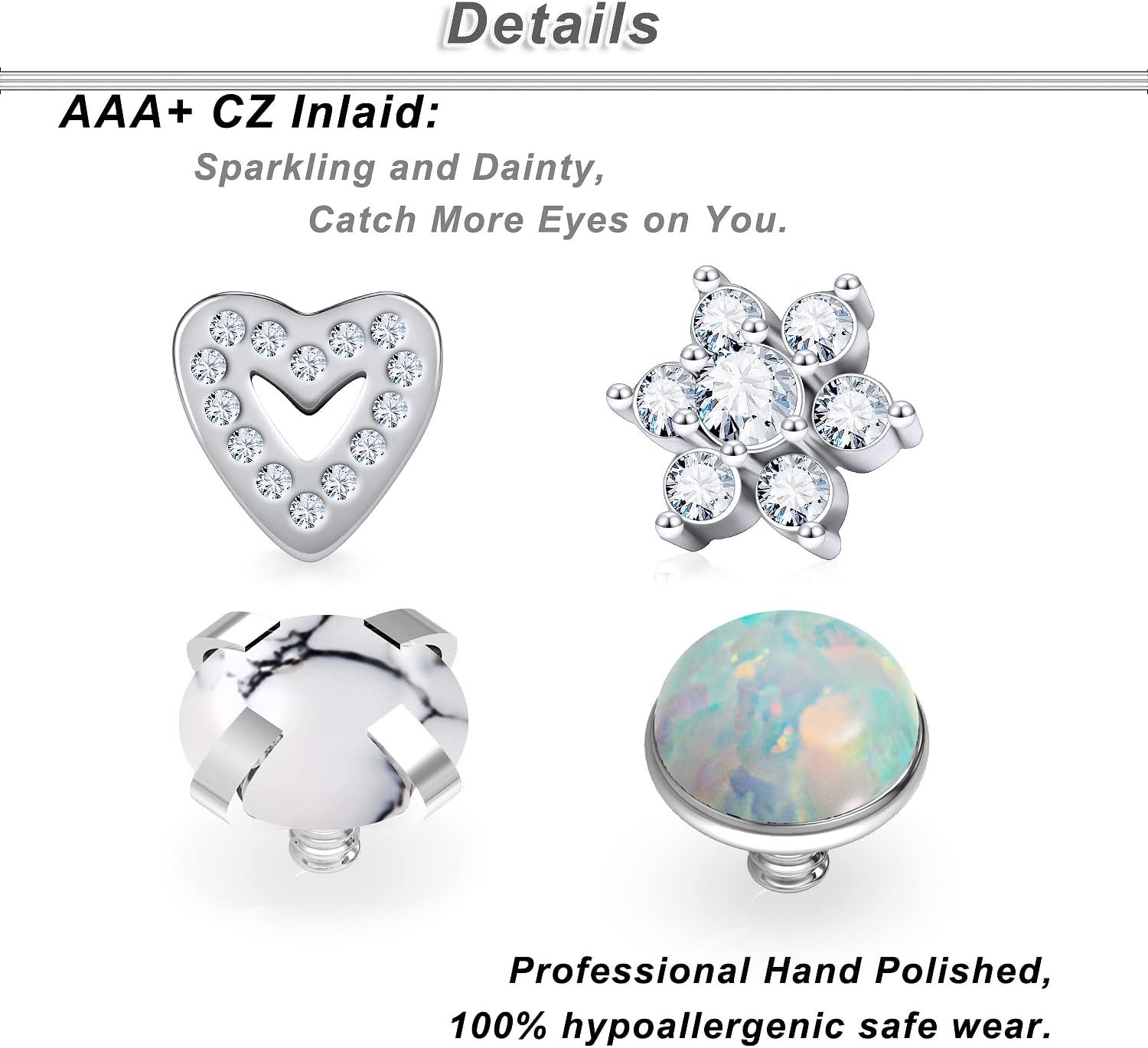 Ocptiy 9PCS 14G Grade 23 Titanium Dermal Anchor Tops Internally Threaded Clear Star Heart Flower Gem Top Piercing Jewelry for Women Men - Image 3