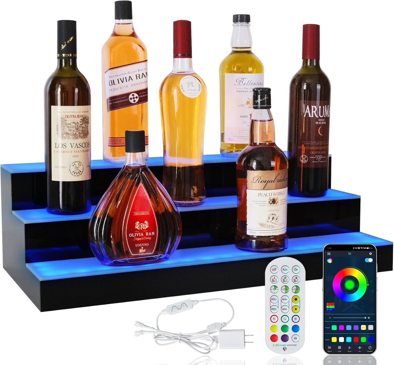 LED Lighted Liquor Bottle Display Shelf, 3 Tiers 24 Inch Bar Bottle Display Shelf with Remote and App Control for Home Bar Party Whiskey Wine Coffee Syrup Water Bottles Display