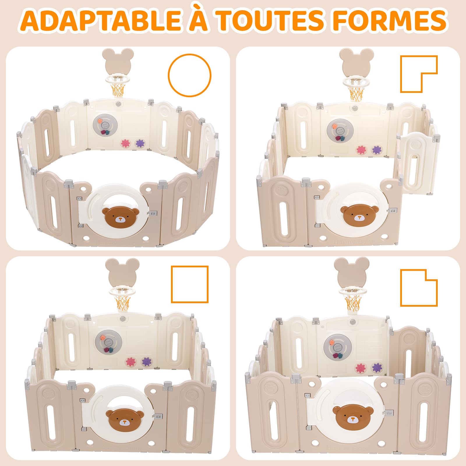 MAMIZO Parc Bebe Modulable, Forme Réglable, Matériau HDPE non Toxique | avec 12PCS Modules, Parc Bebe Pliable 143x143x64cm, Parcs pour Enfant, avec Panier de Basket, Basket-ball et Planche à Jouets