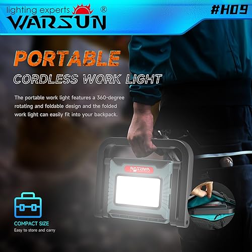 Miniatura 5 de WARSUN Luz de trabajo LED recargable plegable luz de inundación de 2200 lúmenes, luces de problemas portátiles súper brillantes 8000mAh 360 soporte