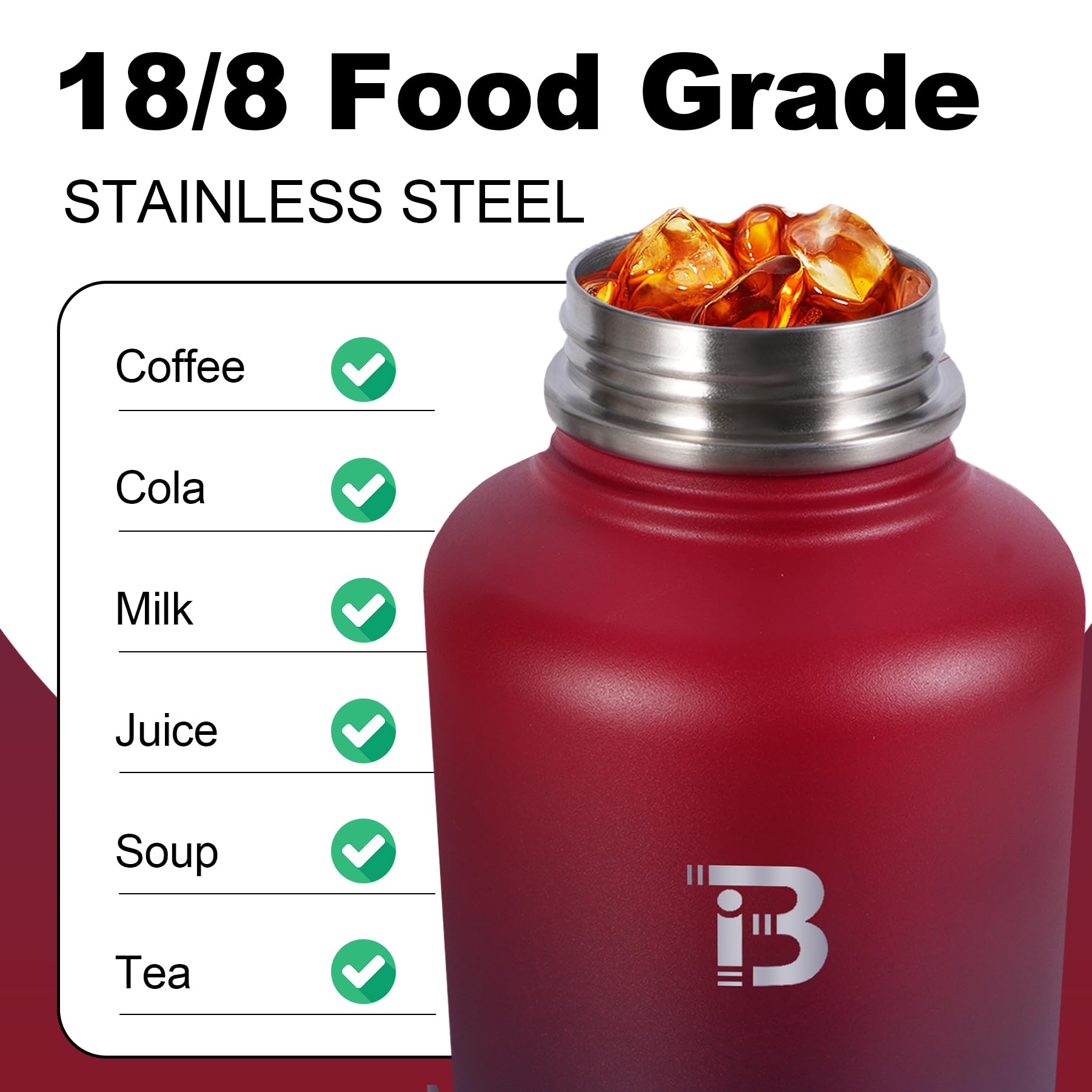 TOPBADE - Borraccia in acciaio inox, 2 coperchi con e senza cannuccia, 1,9 l, isolata, thermos a doppia parete, per scuola, fitness, attività all'aperto