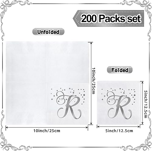 Miniatura 2 de Paquete de 200 servilletas desechables con monograma de papel de aluminio plateado letra R, servilletas de bebida inicial para bodas, fiestas de