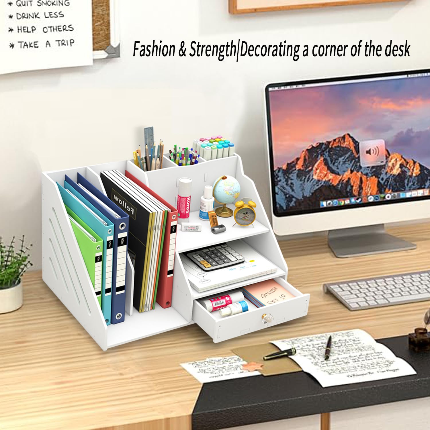 Büro organizer-2-stufiger Papier Organizer mit Schublade und 3 Stifthaltern,Schreibtisch organizer-2-stöcki Schreibtisch Akten Organizer für büro Schreibtischutensilien (weiß)