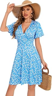Women Casual Sundress Swing Summer Midi Dress Short Sleeve Floral Wrap V-Neck Modest Dresses - Buy now