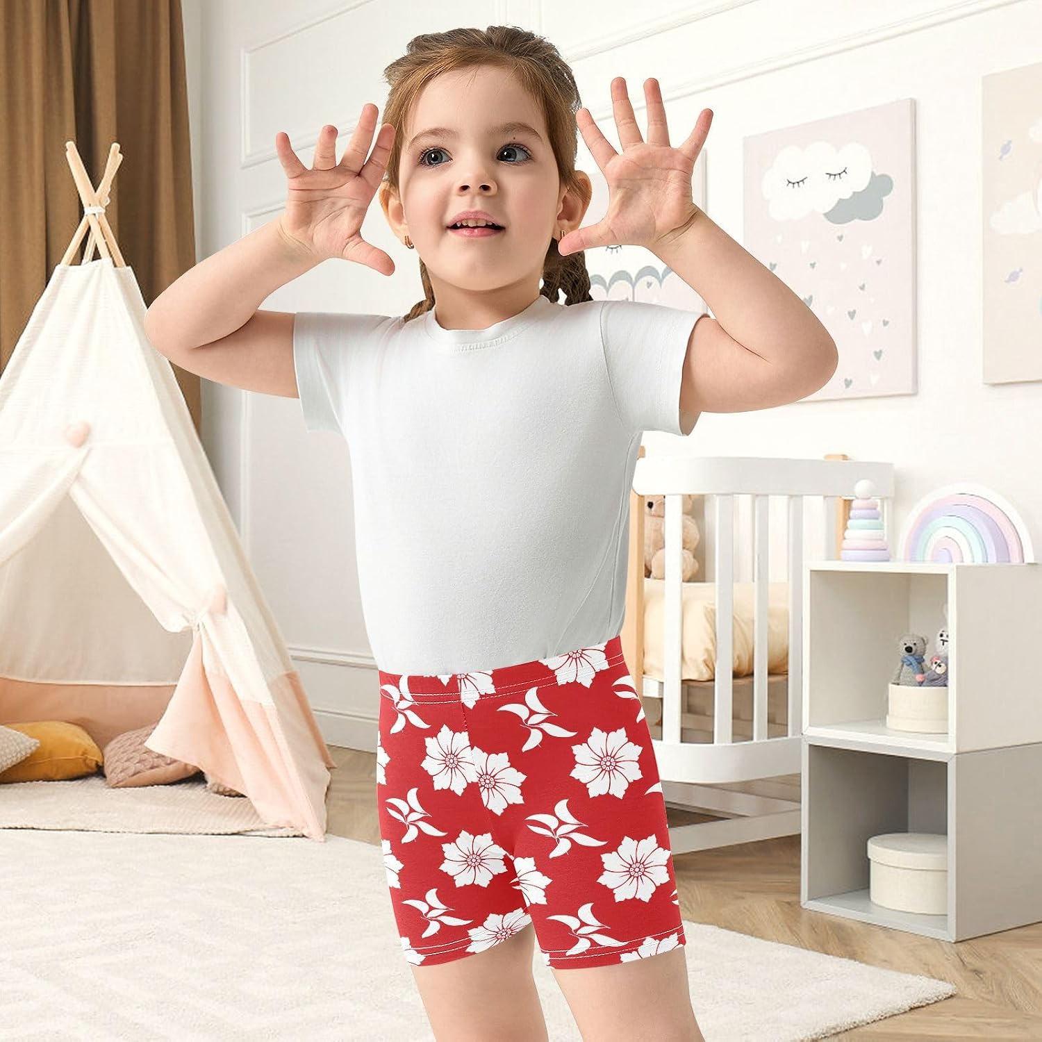 White Flowers Leaf Red Girls Bike Shorts Toddler Soft Cotton Active Biker Shorts
