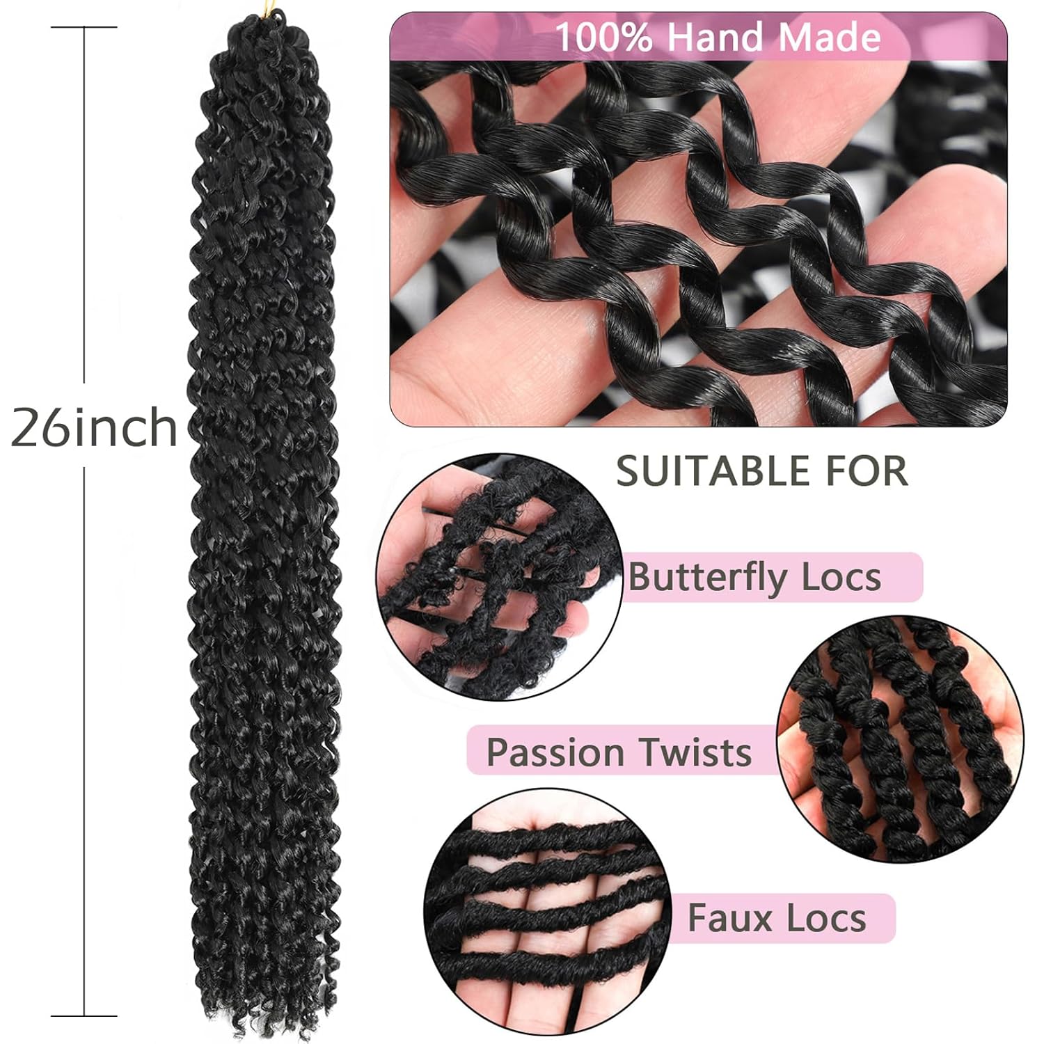 Passion Twist Hair 26 Inch 8 Packs Long Passion Twist Crochet Hair For Women Water Wave Braiding Hair Bohemian Spring Twist Hair Synthetic Hair Extension (26 Inch (Pack of 8), 1B#)