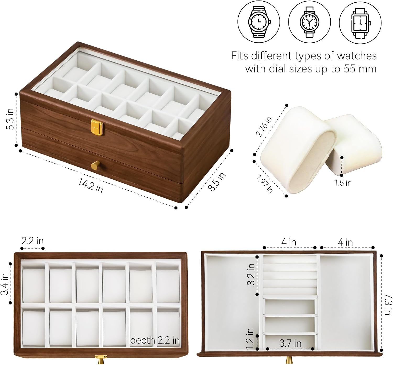 Black Walnut Watch Box for Men, 12 Slot Wooden Watch Organizer with Glass Lid, 2 Layer Watch Display Case with Drawer Jewelry Storage Box, Gift for Husband, Dad, Anniversary, Father’s Day, Women