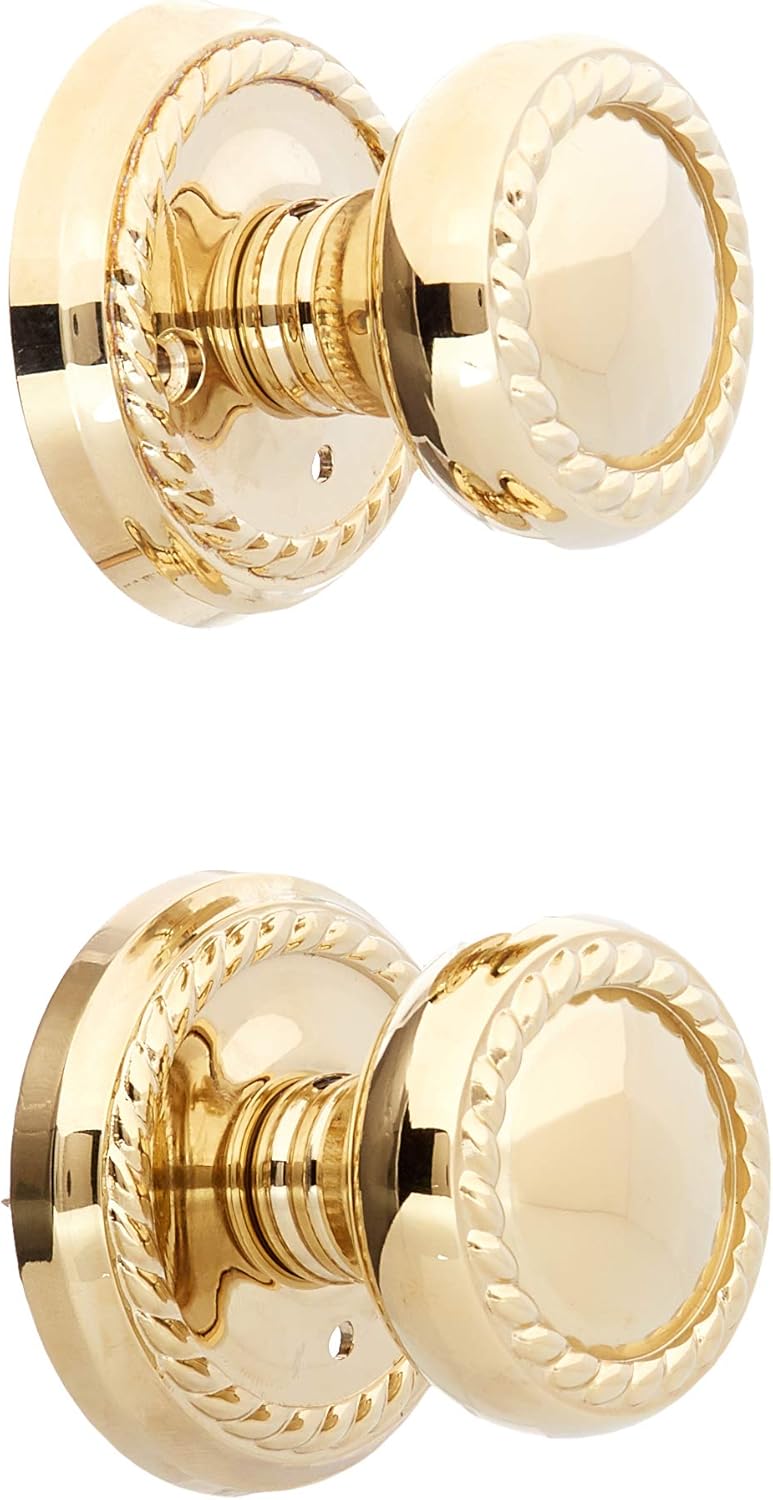 Classic Rope Rosette Set with Matching Rope Door Knobs Privacy in Polished Brass. Doorsets.