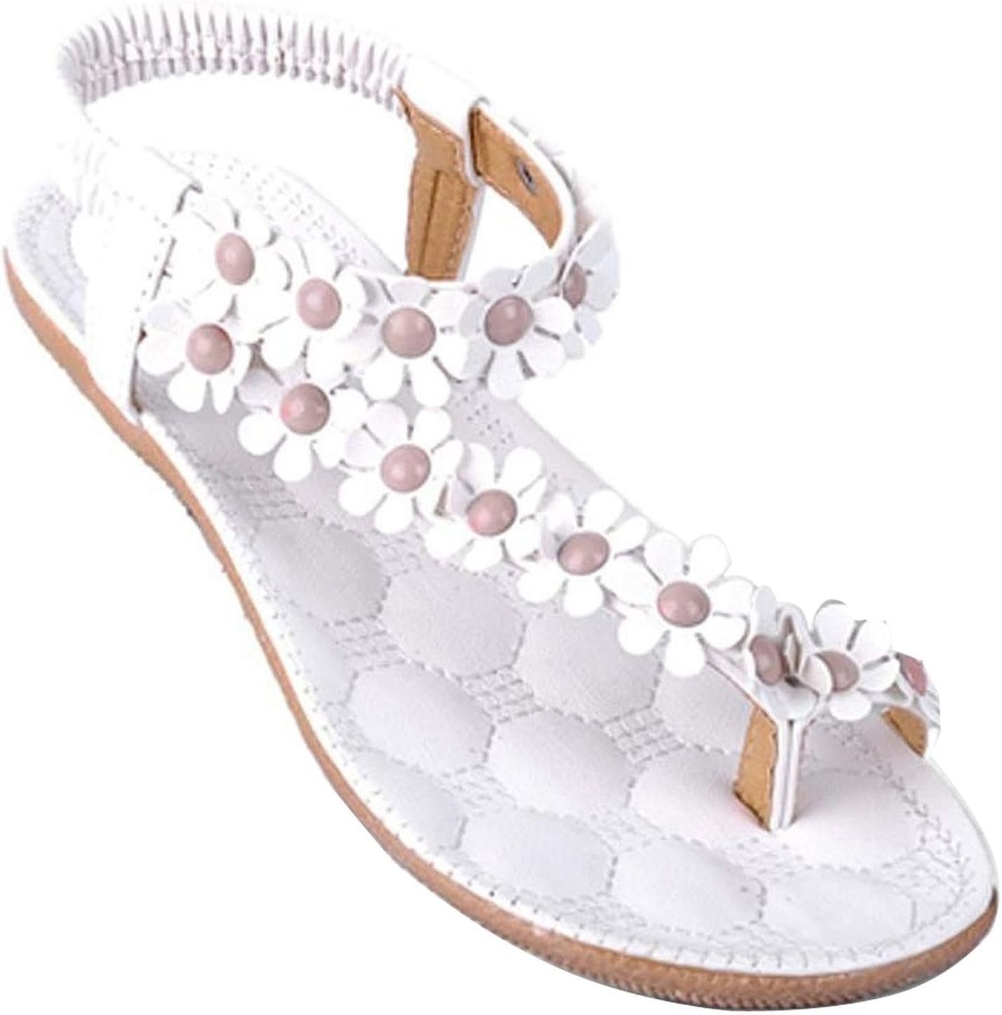 Minetome Ladies Sexy Girls Summer Slippers Bohemia Flower Bead Flip Flop Shoes Flat Sandals (White UK 4 EU 37)
