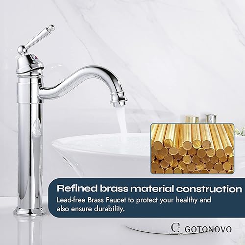 Miniatura 8 de gotonovo Grifos para lavabo de baño, cromo pulido, un solo mango, cuerpo alto, caño giratorio, acabado plateado, desagüe desplegable sin