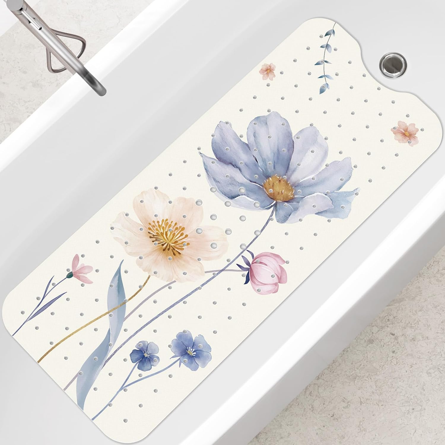 SHUCHING Watercolor Flower Bath Mat for Tub Non Slip-40 X 16Inch, Bathtub Mat Anti Slip for Women, Extra Long Shower Mat for Bathroom Mold Free, Machine Washable