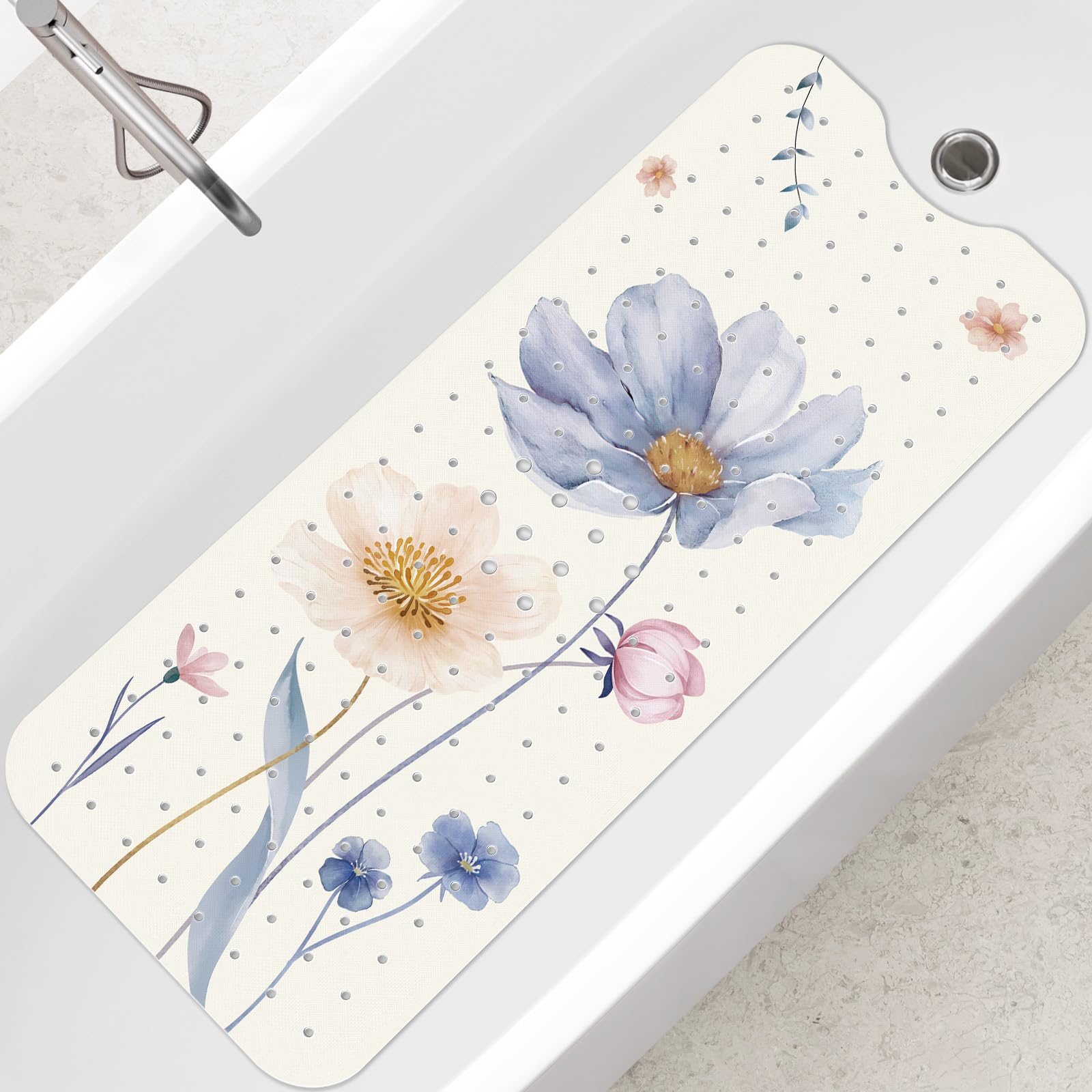 SHUCHING Watercolour Flower Bath Mat Non Slip Anti Mould, 100 X 40 cm Extra Long Bathtub Mat Anti Slip, Shower Mat Non Slip Anti Mould for Bathroom Machine Washable