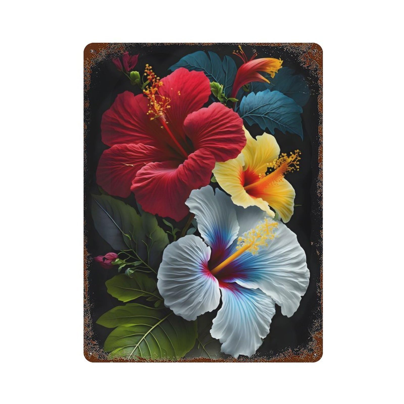 Weathered Tin Sign with Hibiscus Flower Painting Design 15.7"x11.8", for Garage, Bar And Workshop Decor, Decorative Metal Wall Art