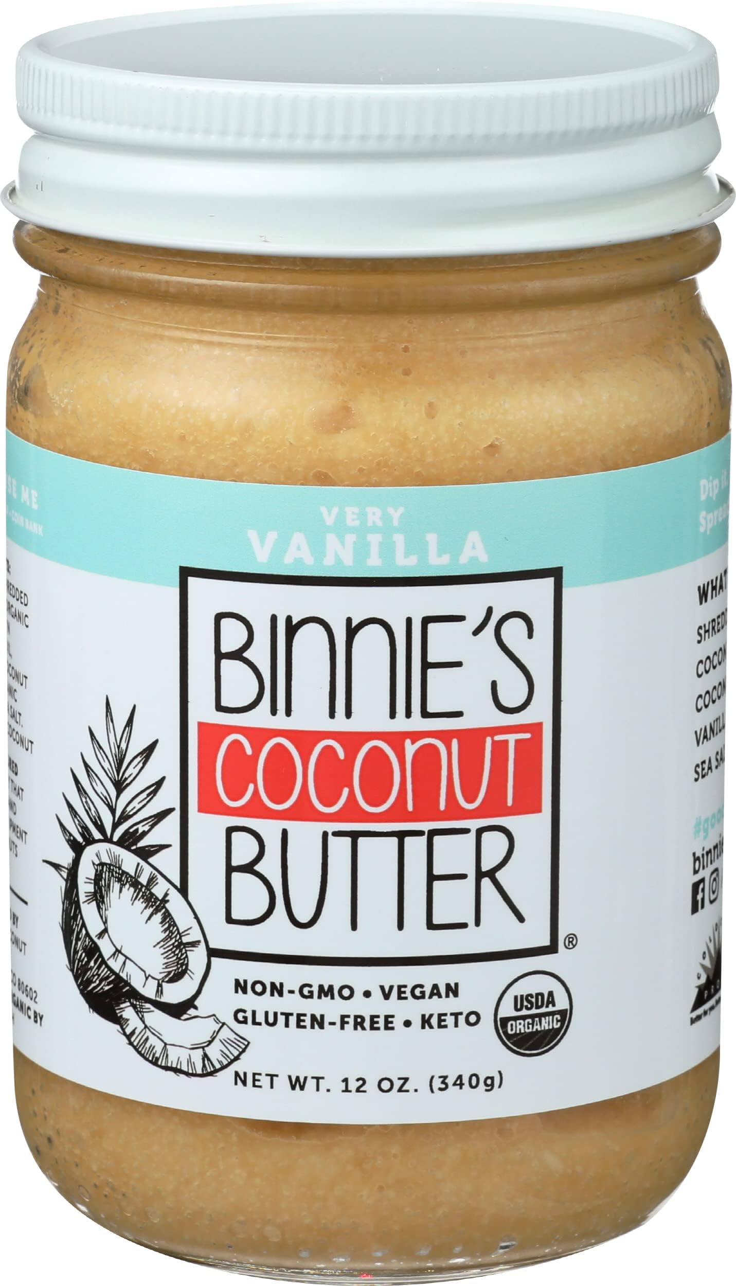 Binnie's Coconut Butter Organic Spread - Keto, Raw, Vegan, Low Carb, Non GMO - Very Vanilla (10 oz)