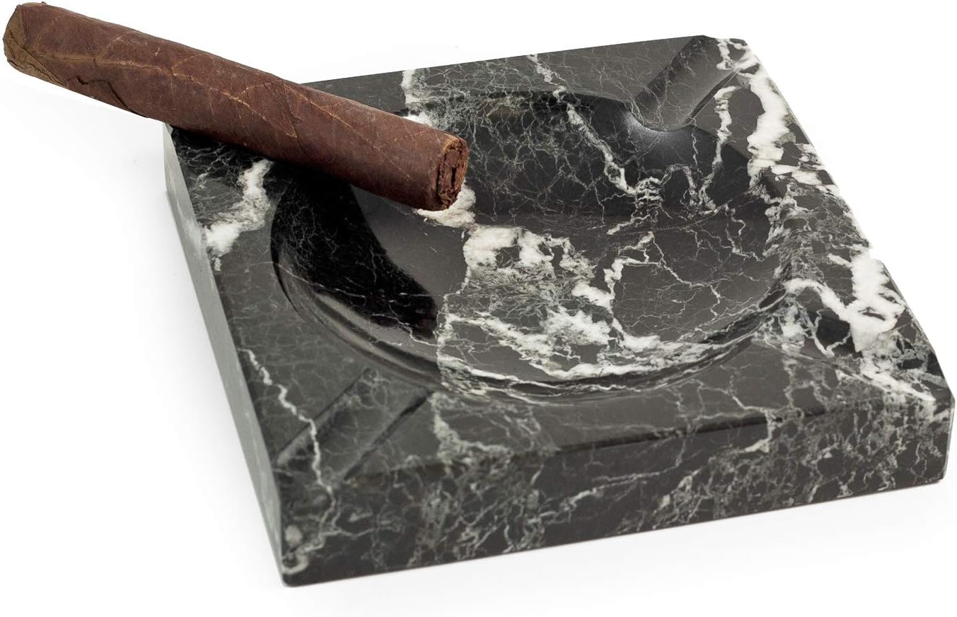 Bey-Berk Personalized Oliva Marble Four Cigar Ashtray (Black Zebra), 7" Square Solid Stone, Engravable Lounge Centerpiece