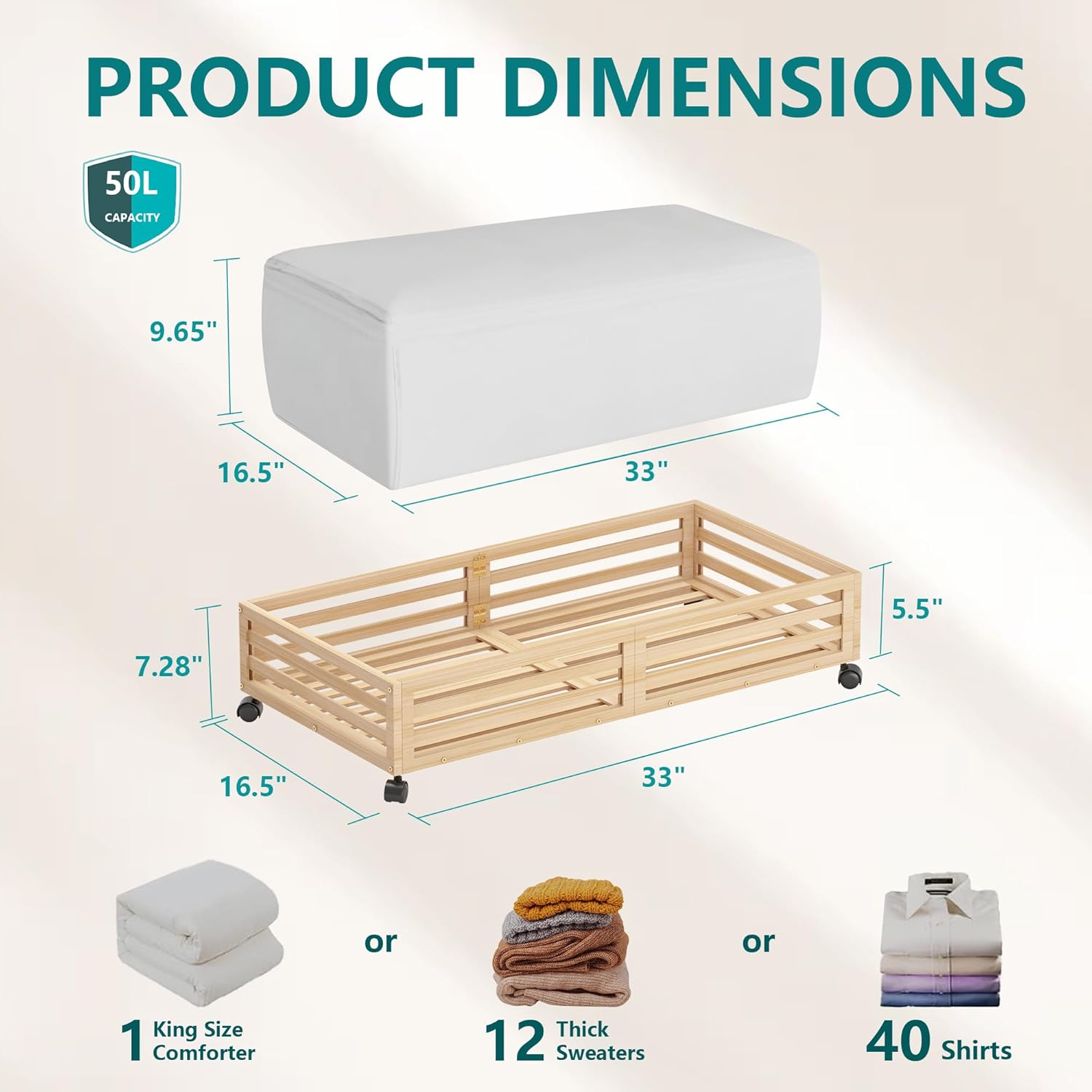 Bamboo Under Bed Storage Containers- Underbed Organizer with Wheels with Large Capacity Dust Bag,Sturdy Wood Rolling Under Bed Shoe Storage Organizer Drawer 2 Packs (Nature, Long)