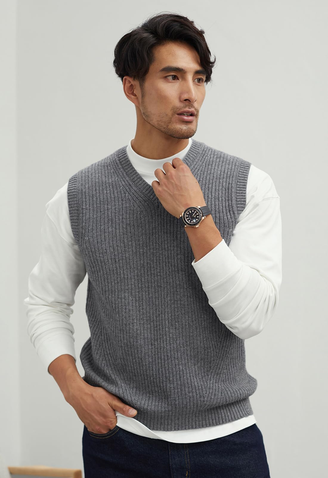 Maglia a V-Collo lavorato a Maglia da Uomo Plain Senza Maniche Pullover Knitwear Loose Fit All Match Tops