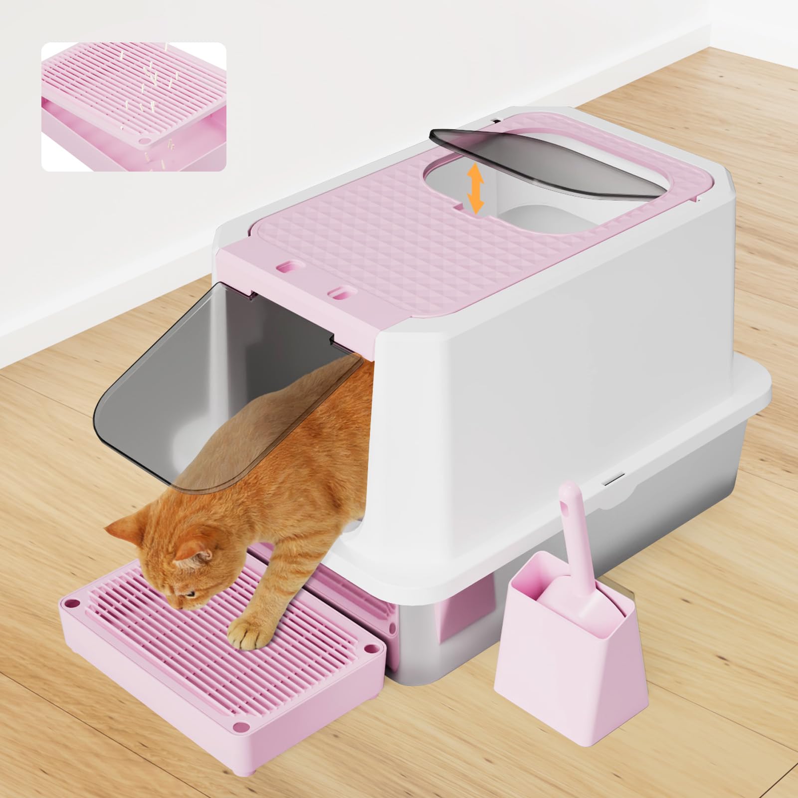 rizzari enclosed cat litter box: large top & front entry with odor control - stainless steel with teflon non-stick coating - high-sided pink litter pan for multi-cat homes - for apartments hallways
