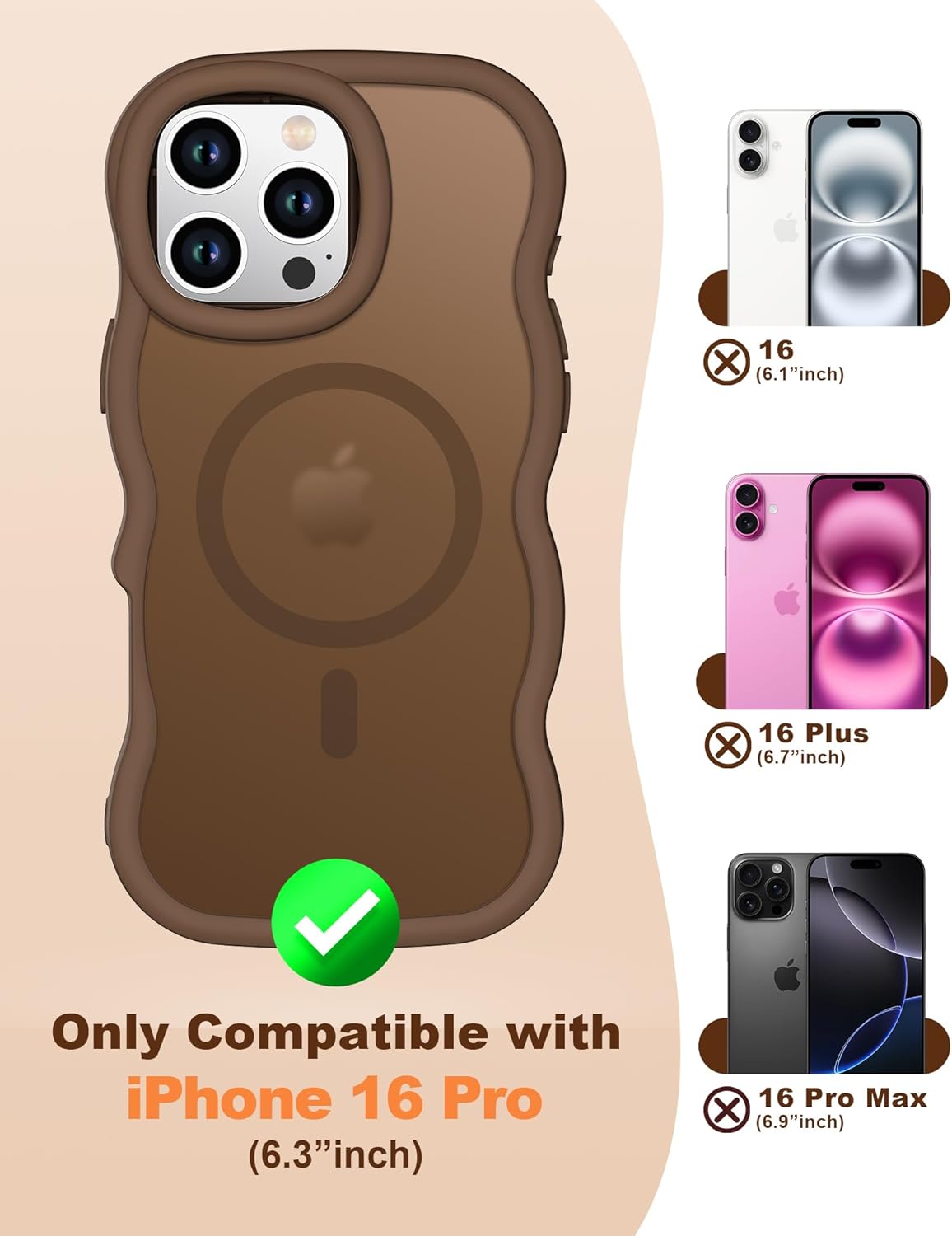 XYZ for iPhone 16 Pro Case, [Compatible with Magsafe],[Magnetic Soft Slicone Ring Holder],Curly Wavy Frame Hard Translucent Matte Back Cover Shockproof Phone Case for iPhone 16 Pro 6.3'', Brown - Image 2
