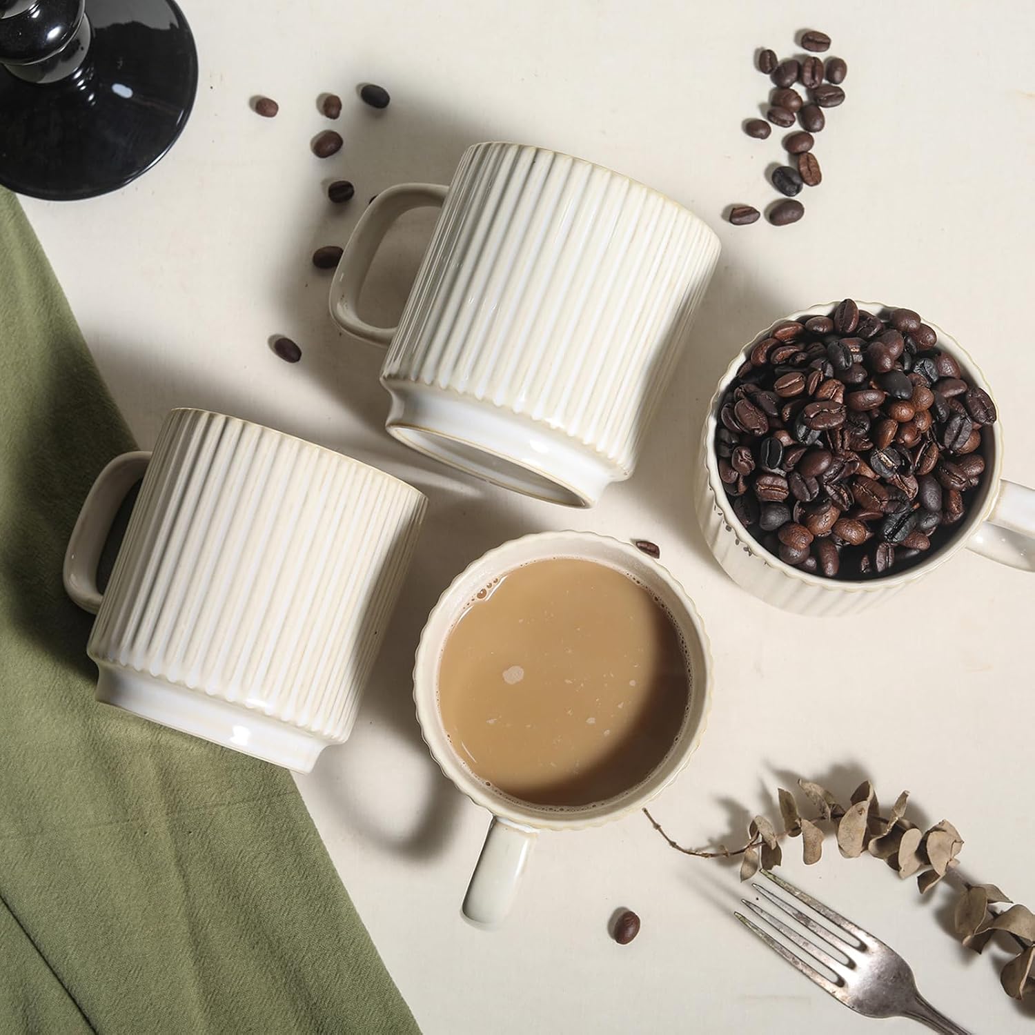Coffee Mugs Set of 4, 12 Oz Vintage Ceramic Coffee Mugs, Porcelain Tea Cups with Handle, Stackable, Dishwasher & Microwave Safe, Catering Embossed Drinkware Set for Coffee, Tea, Cocoa, Latte