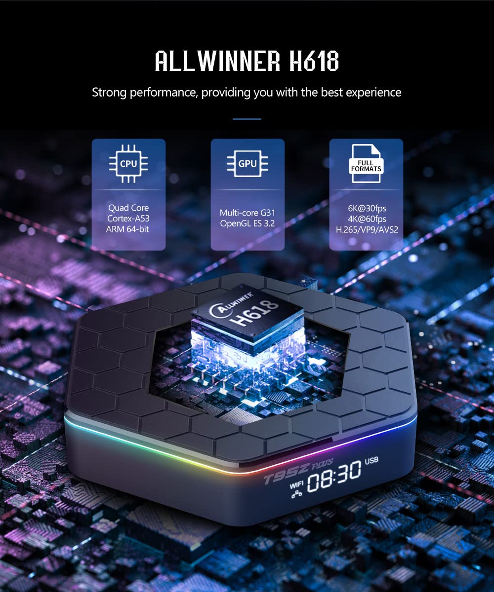 Android 12.0 TV Box, T95Z Plus H618 Quadcore 4GB RAM 64GB ROM Soporte 4K HD 3D 2.4/5.0Ghz WiFi BT5.0 10/100M Ethernet HDMI 2.0 H.265 Smart TV Box,2gb+16gb