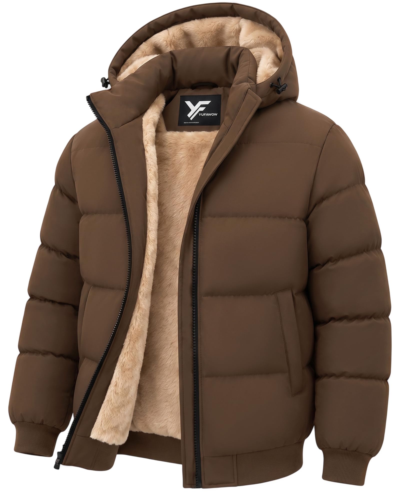 Men Puffer Jacket Insulated Warm Coat Dual-Layer Fleece Lined Detachable Hood Winter Outd…