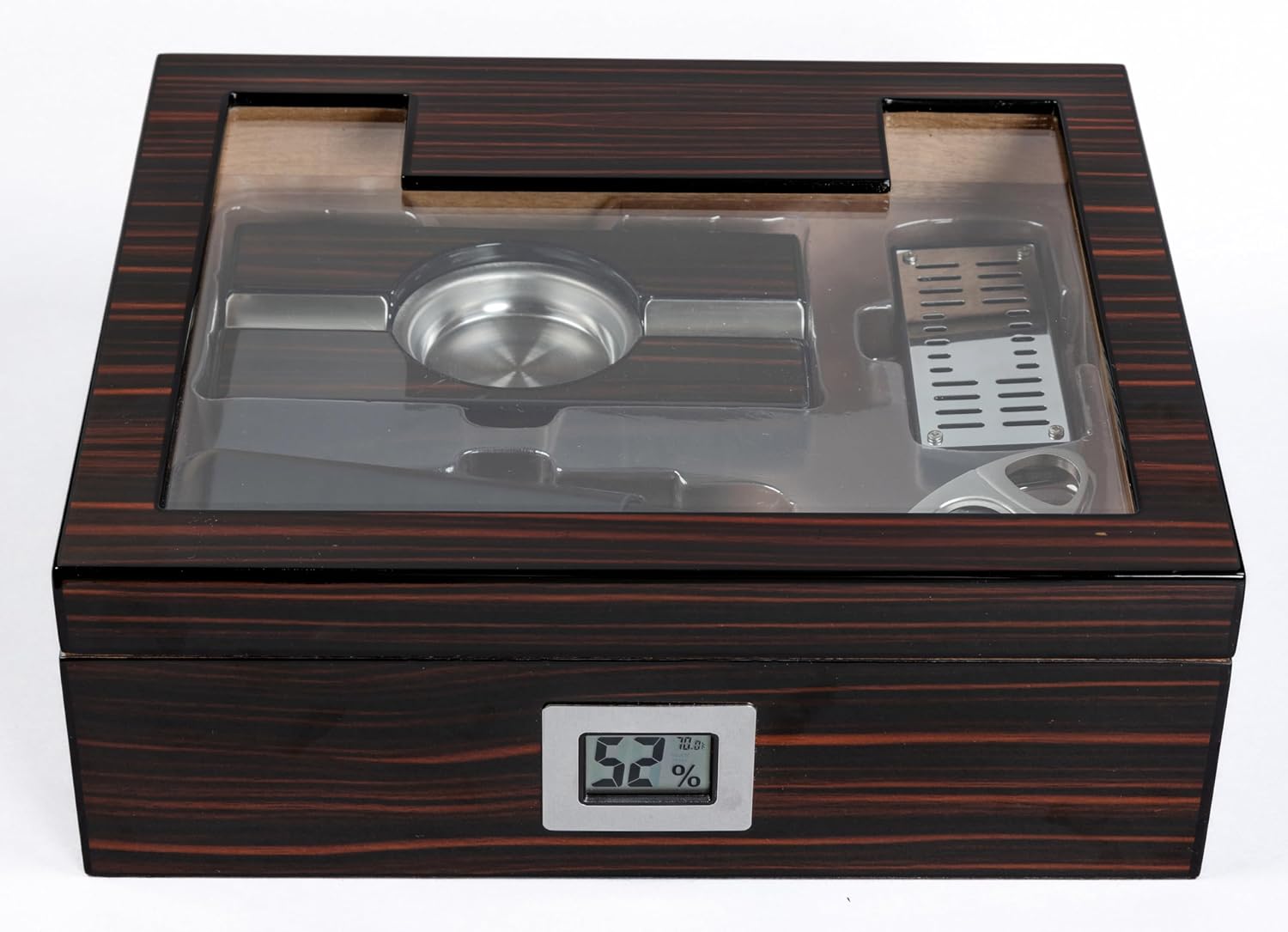 Prestige Import Group Kensington Glass Top Cigar Humidor Gift Set in Ebony Cherry Wood Finish - Includes: Ashtray, Humidifier, Guillotine Cutter, Cigar Case & External Digital Hygrometer