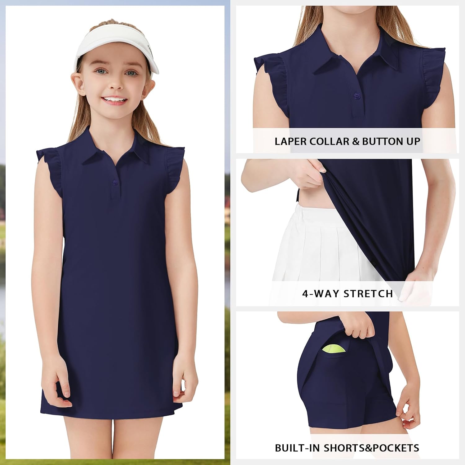 Soneven Girls Tennis Dresses Sleeveless Golf Dress with Shorts Ruffle Sleeve Athletic Dress with Pockets - Image 2