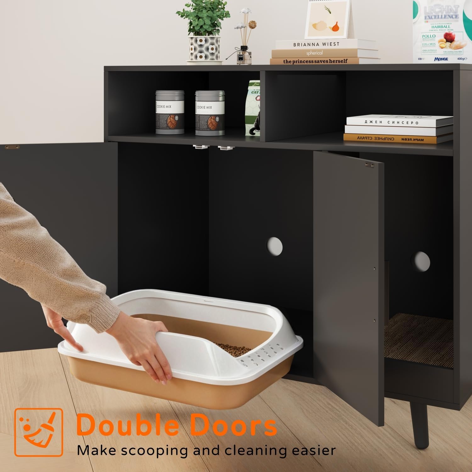 Tall Hidden Litter Box Furniture, Large Black Cat Litter Box Enclosure Wooden Cat Litter Furniture with Cat Scratching Board for Living Room-31.5“L*18.11" W*28.8" H