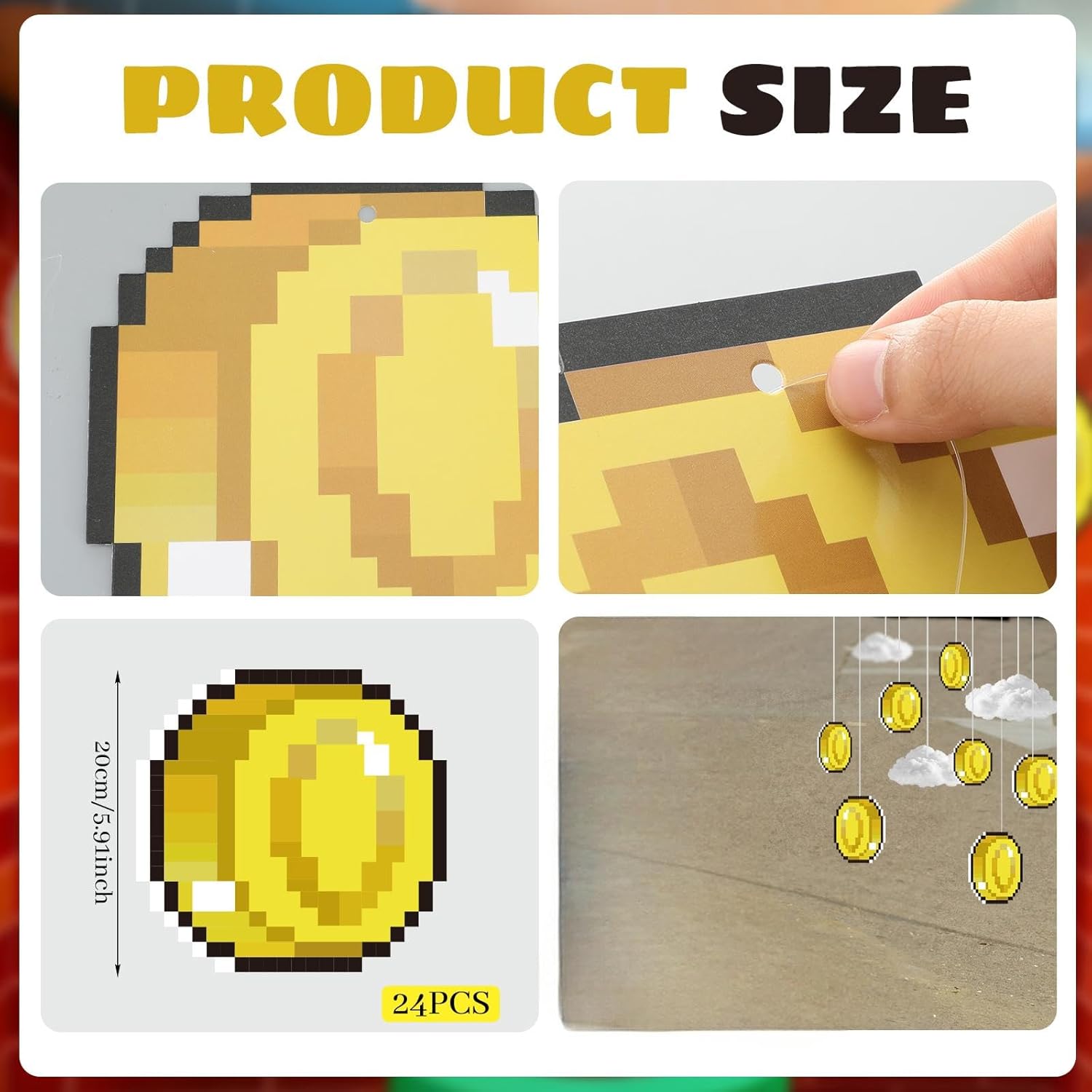 Epakh 24 Pcs Super Brothers Party Decorations Gold Coin Hanging Banner with 3D Cloud Birthday Party Decoration Video Game Theme Banners Garland for Birthday Favors Super Game Room Home Supplies