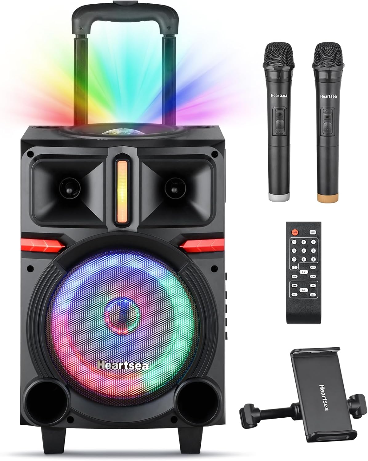 HEARTSEA Karaoke Machine for Adults, Portable PA Bluetooth Speaker with Dual Wireless Microphones, TWS Stereo, LED Disco Ball Lights for Home Party & Outdoor