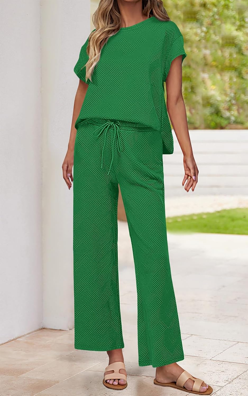 PRETTYGARDEN 2 Piece Outfits For Women Casual Tracksuit Short Sleeve Tops And Wide Leg Long Pants Matching Lounge Sets - Image 2