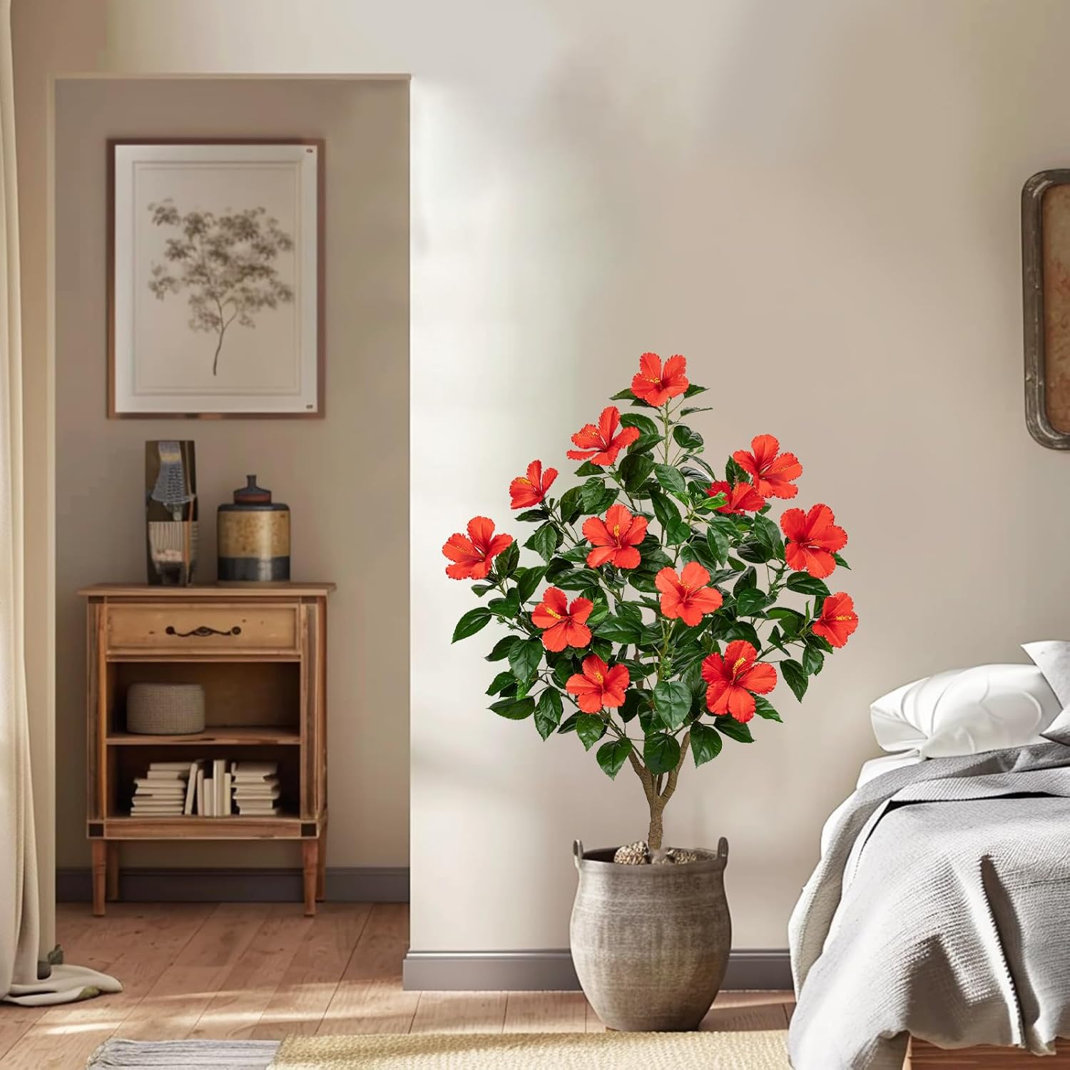 Briful Artificial Hibiscus Tree 4.13ft Tall Real Touch Fake Tree with Red Flowers Potted Faux Plant Indoor Realistic Floor Plants for Front Porch Outdoor Home, Patio Decor