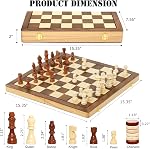 Magnetic Wooden Chess Set, Exqline 2 in 1 Chess and Checkers Board Set with 2 Extra Queen, 15 Inch Large Folding Chess Board Set, Wood Chess Board Game Handmade Pieces for Adults and Kids