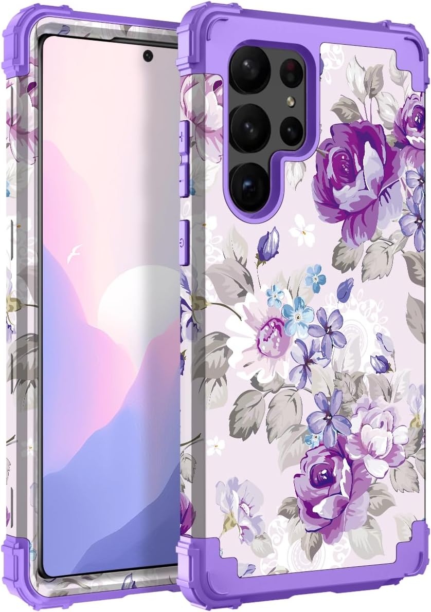 Hocase for Galaxy S23 Ultra Case, Shockproof Heavy Duty Hard Plastic+Soft Silicone Rubber Bumper Hybrid Dual-Layer Protective Case for Samsung Galaxy S23 Ultra 6.8" 2023 - Lavender Flowers