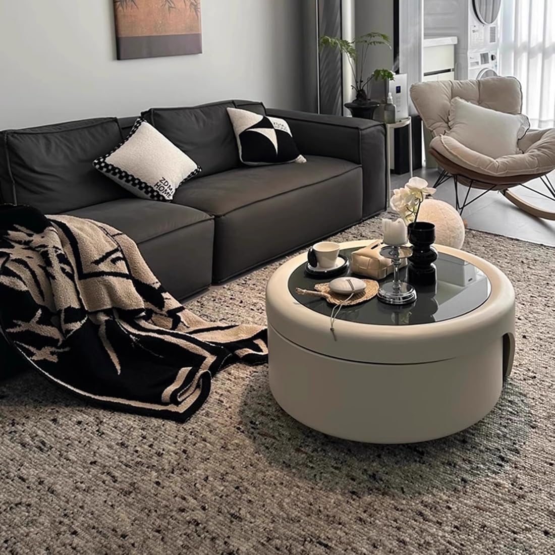 Round Nesting Coffee Tea Table Set of 2, Small Couch Coffee Eating tablw for Living Room, Nesting Circle Coffee Table Set of 2 with Storage for Apartment, Bedroom, Grey