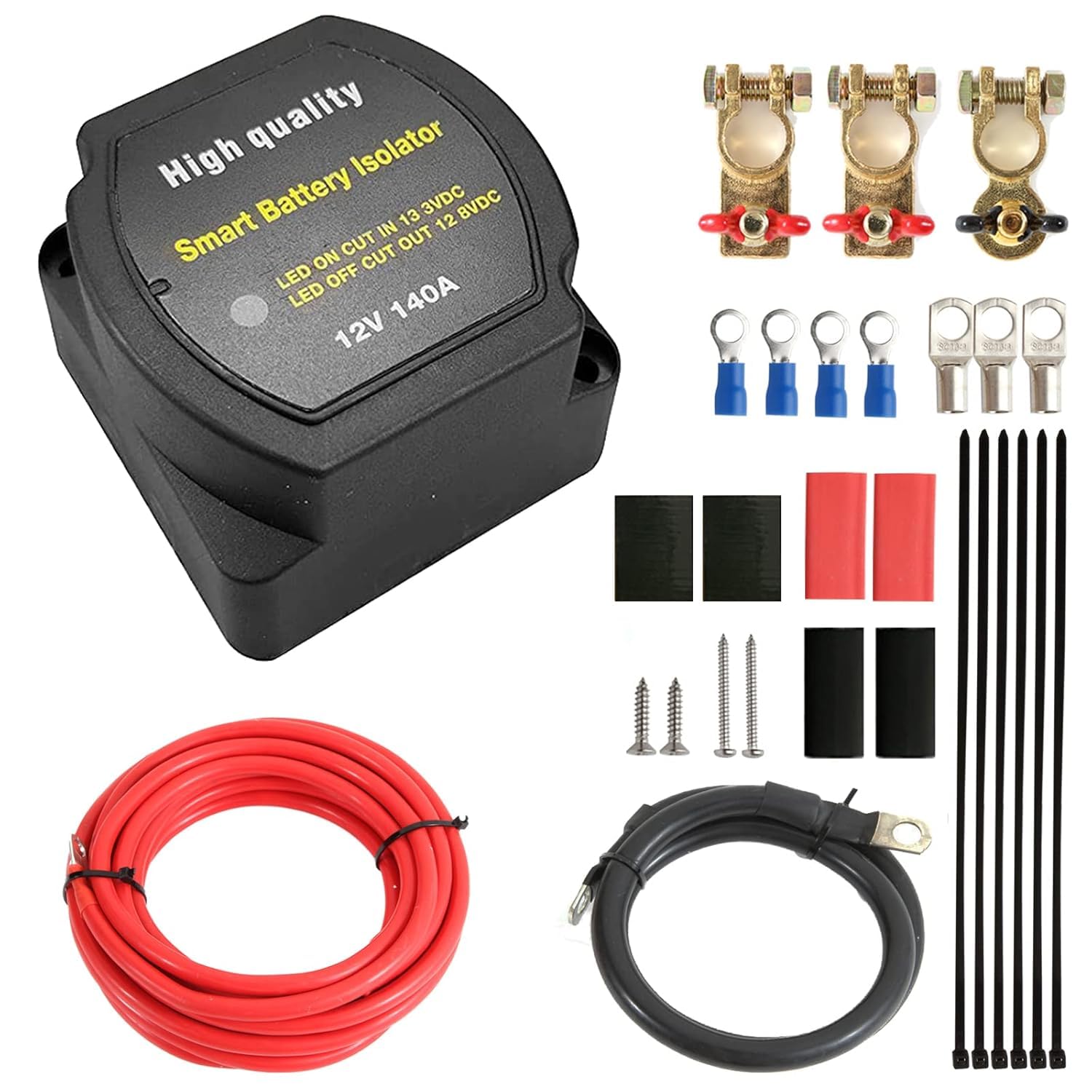 Kit de Relais de Charge Divisé, Coupe Circuit Batterie 12v,Kit Séparateur de Batterie Double 12V 140amp,Isolateur de Batterie Intelligent,Relais Sensible à la Tension VSR, pour Voiture,Caravane
