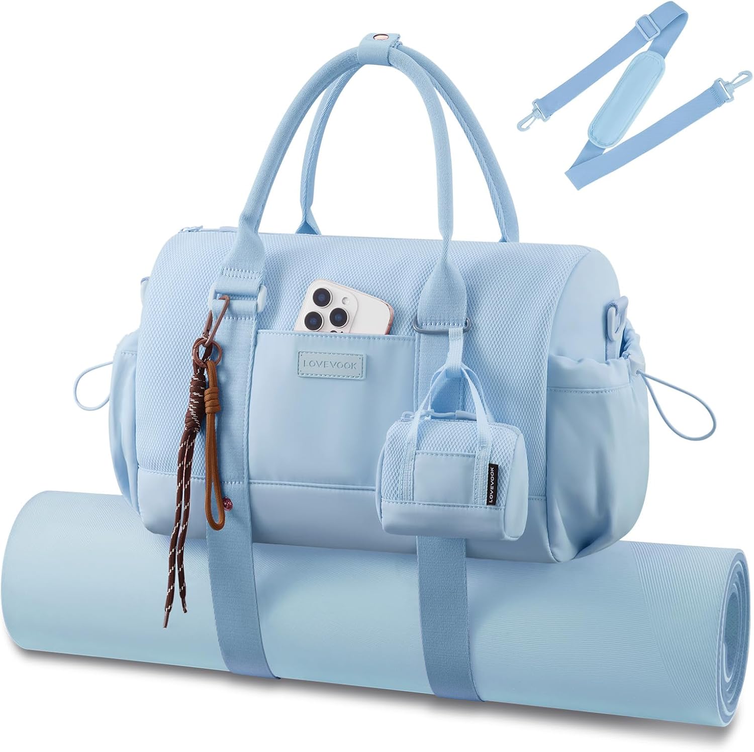 LOVEVOOK Small Gym Bag for Women with Yoga mat Holder, Mini Duffle Bag for Travel with Wet Pocket, Overnight Personal Item Bags (Blue (mesh), 14.5 inch-Small-2Pcs)