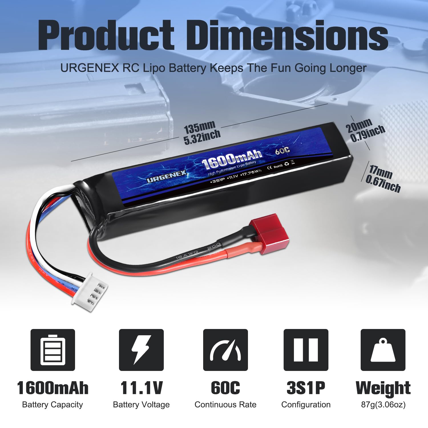 URGENEX Airsoft Battery 11.1V 1600mAh 60C High Discharge Rate Lipo Battery Pack with Dean-Style T Plug Rechargeable 3S Lipos Fit for Airsoft Model Guns